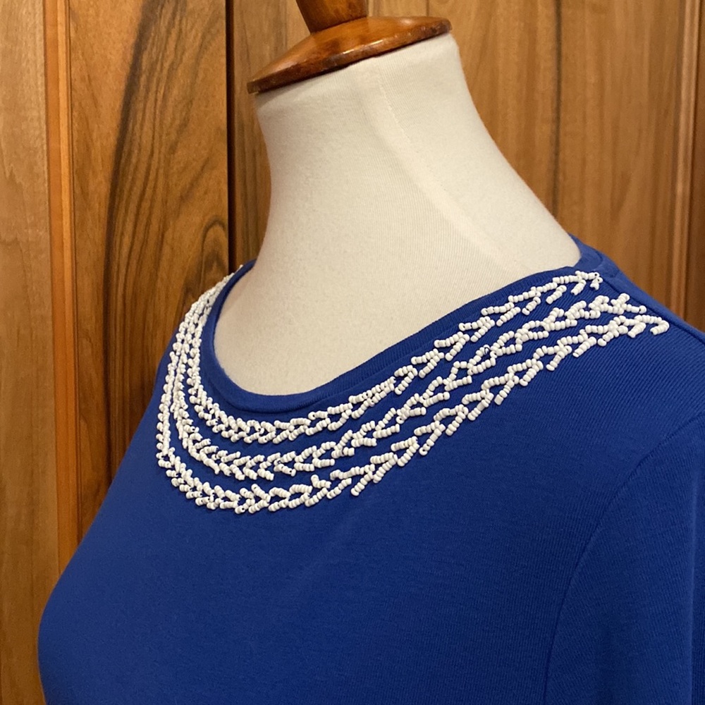 Talbots - Petites - Blue Scoop-Neck Tee/White Beaded Neckline Detail - EUC - XLP - Picture 6 of 14